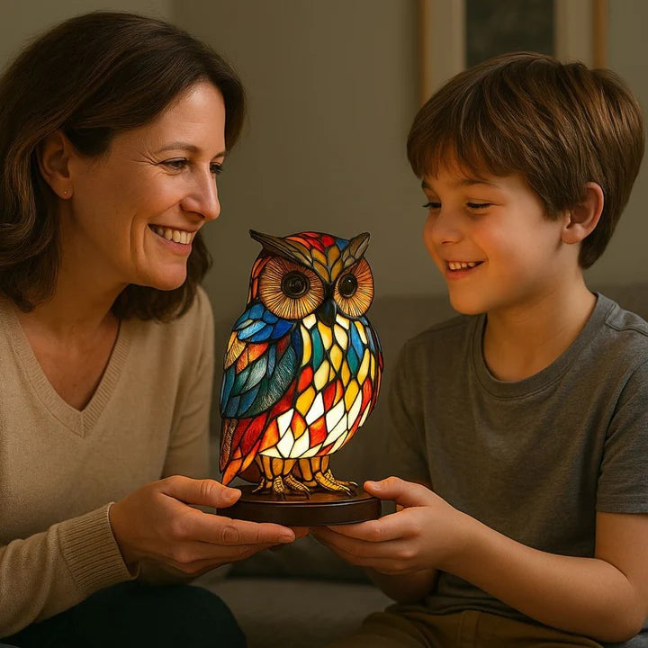 Uilenlamp in glas-in-loodlook met rode, blauwe en gele vlakjes op een ronde voet