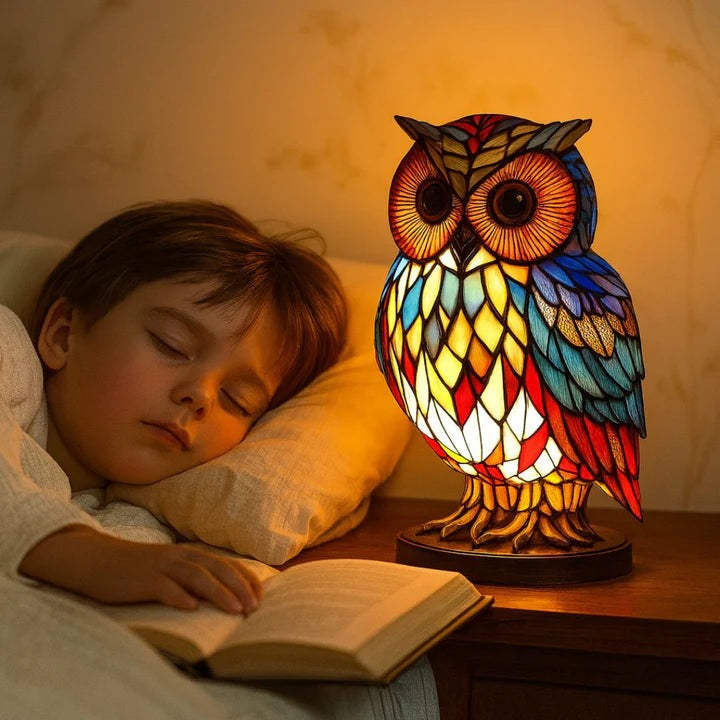 Uilenlamp in glas-in-loodlook met rode, blauwe en gele vlakjes op een ronde voet