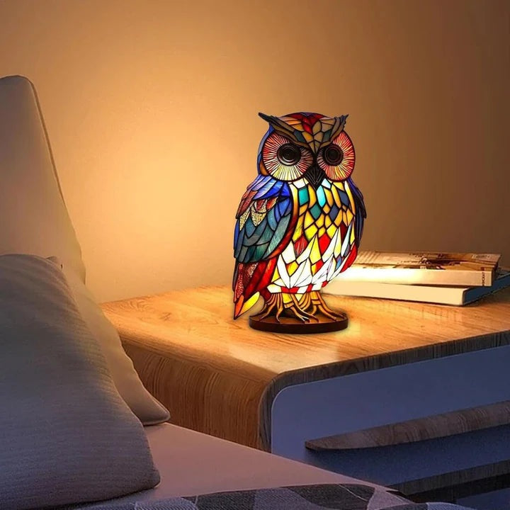Uilenlamp in glas-in-loodlook met rode, blauwe en gele vlakjes op een ronde voet