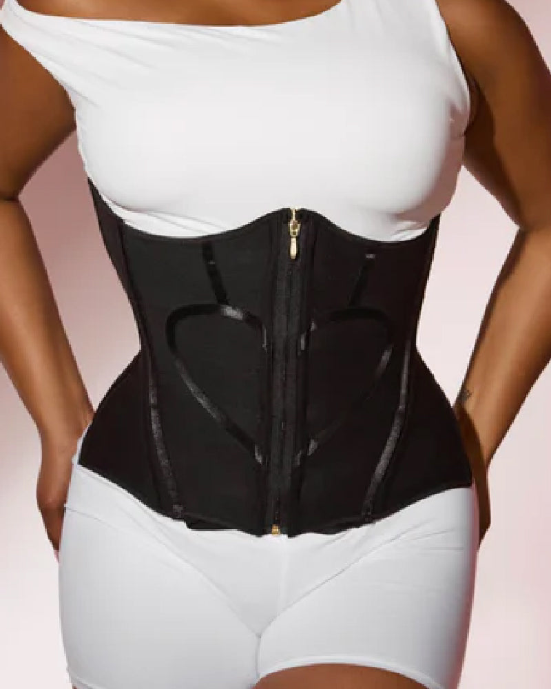 Underbust korset met rits aan de voorkant, baleinen en hartvormige biezen - zwart