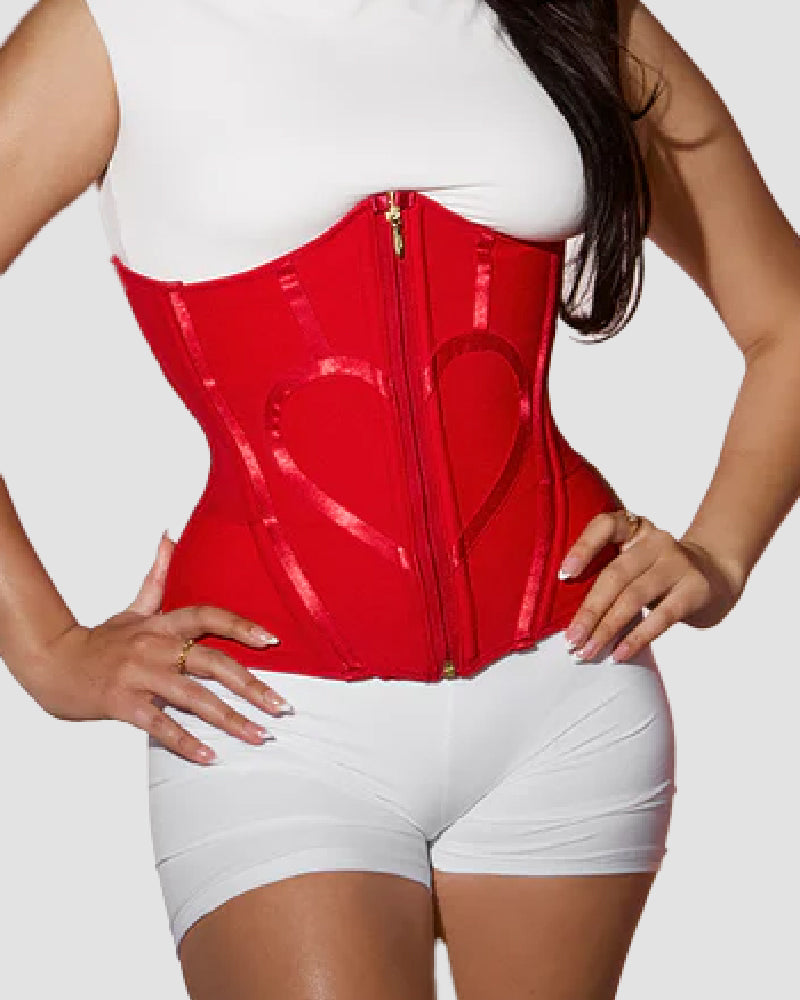 Underbust korset met rits aan de voorkant, baleinen en hartvormige biezen - rood