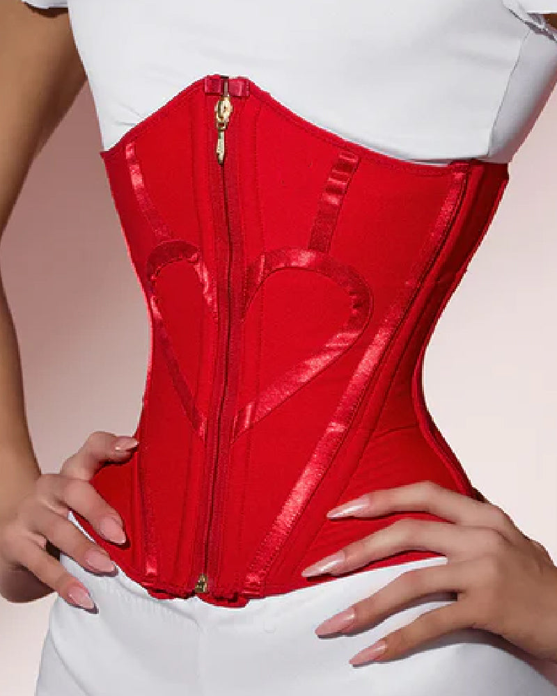 Underbust korset met rits aan de voorkant, baleinen en hartvormige biezen