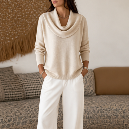 Trui dames met watervalhals in Beige