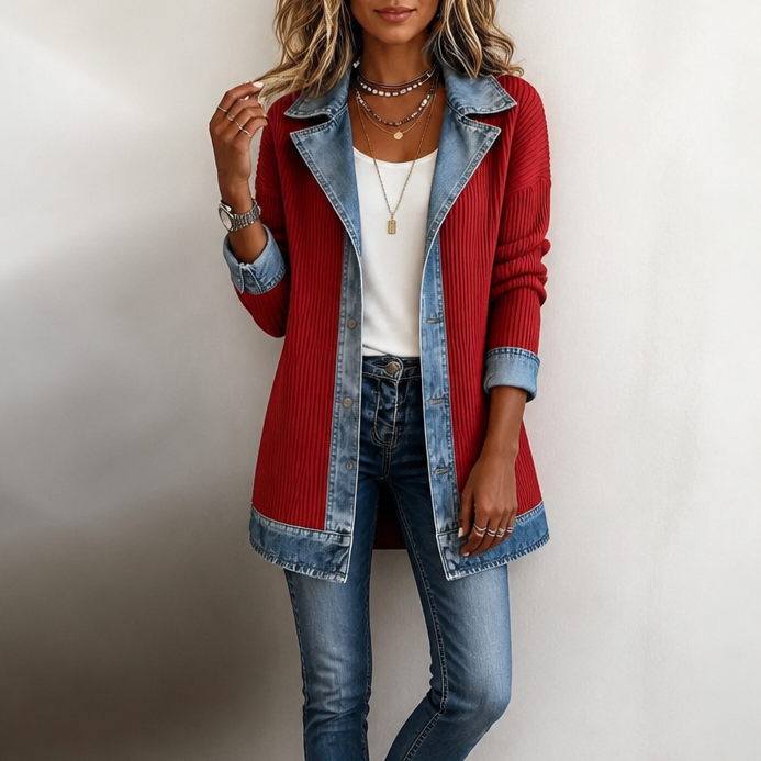 Gebreide jas dames met denim kraag in Rood