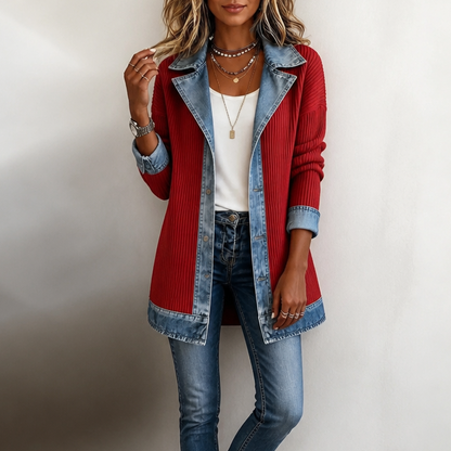 Gebreide jas dames met denim kraag in Rood