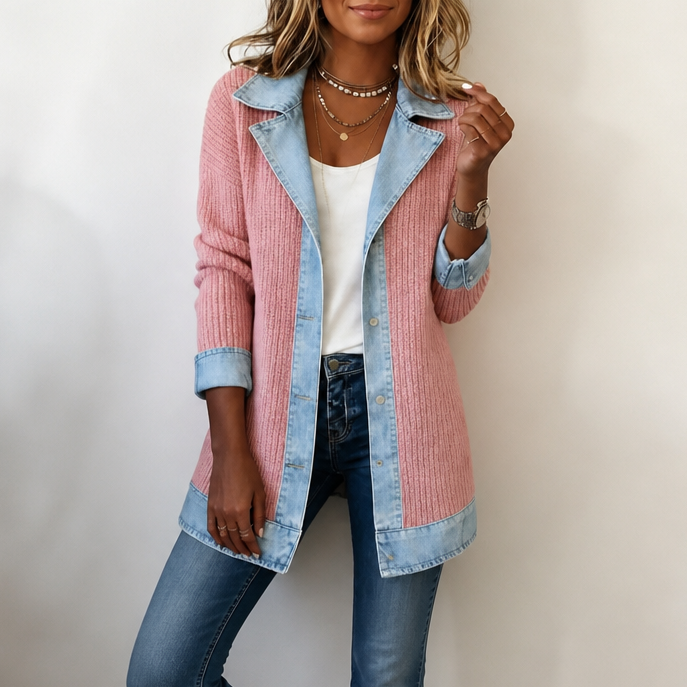Gebreide jas dames met denim kraag in Roze