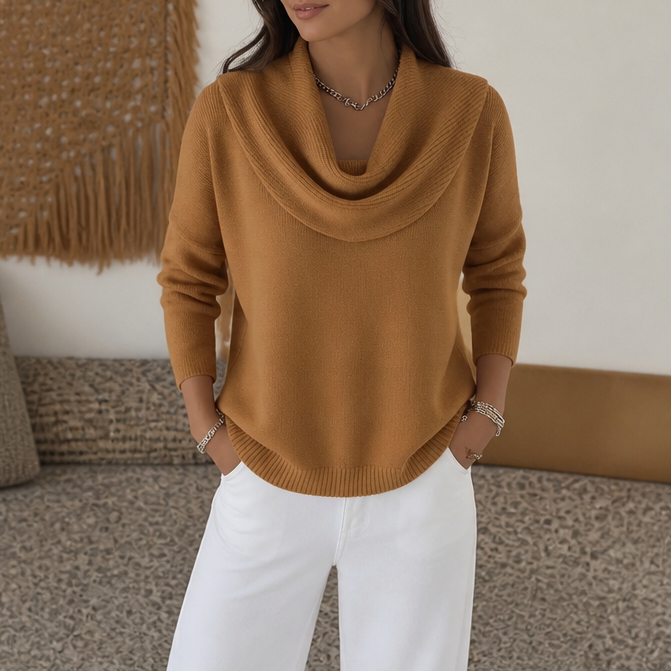 Trui dames met watervalhals in Camel