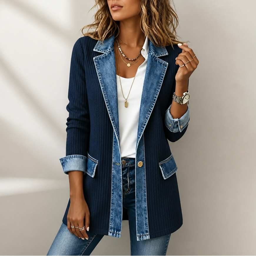 Gebreide jas dames met denim kraag in Marineblauw
