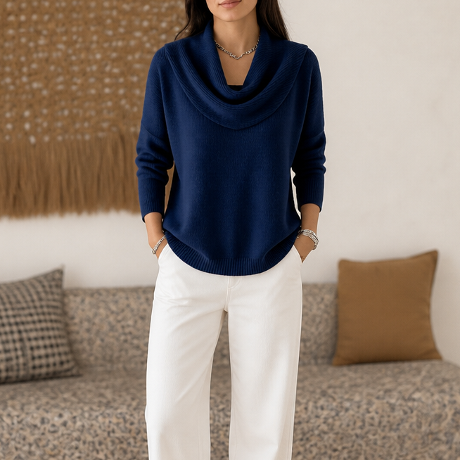 Trui dames met watervalhals in Marineblauw