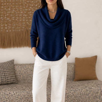 Trui dames met watervalhals in Marineblauw