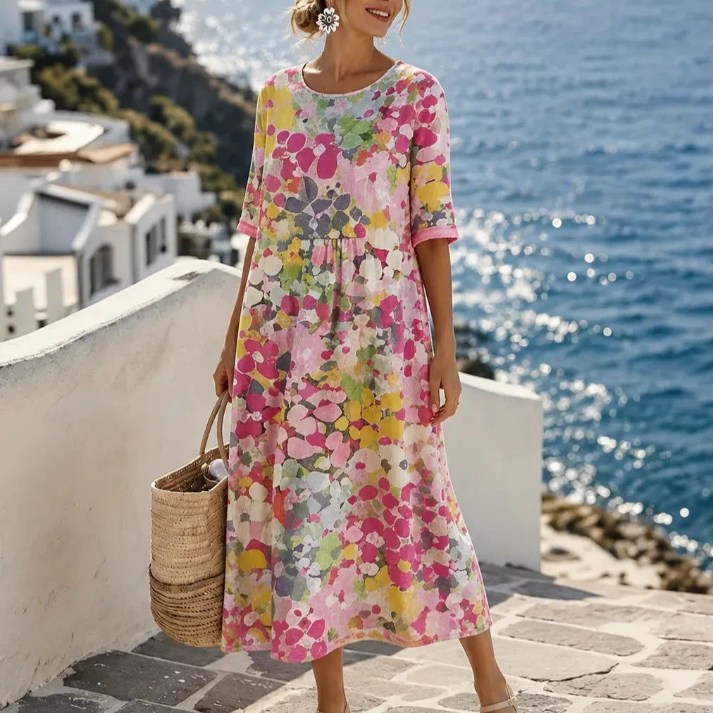 Losse midi-jurk dames met bloemenprint in Roze bloemen