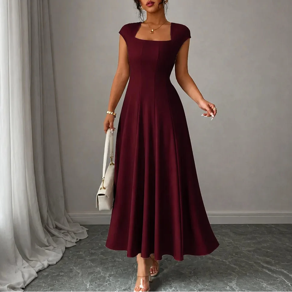 Midi-jurk dames met vierkante hals in Rood