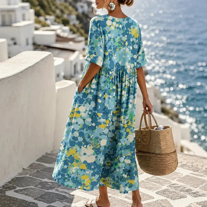 Losse midi-jurk dames met bloemenprint in Blauwe bloemen