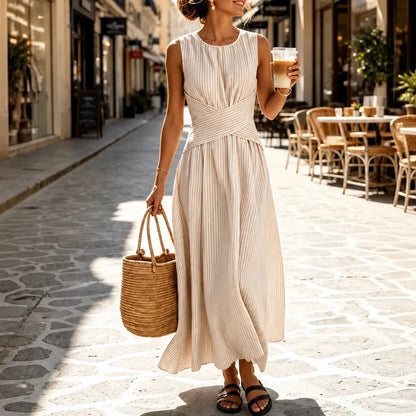 Gestreepte maxi-jurk dames in Beige gestreept