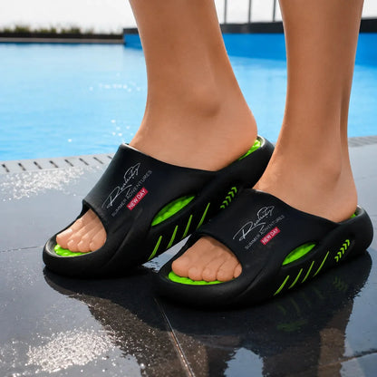 Badslippers met voetboogsteun - antislip in zwart met neongroen