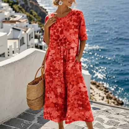 Losse midi-jurk dames met bloemenprint in Rode bloemen