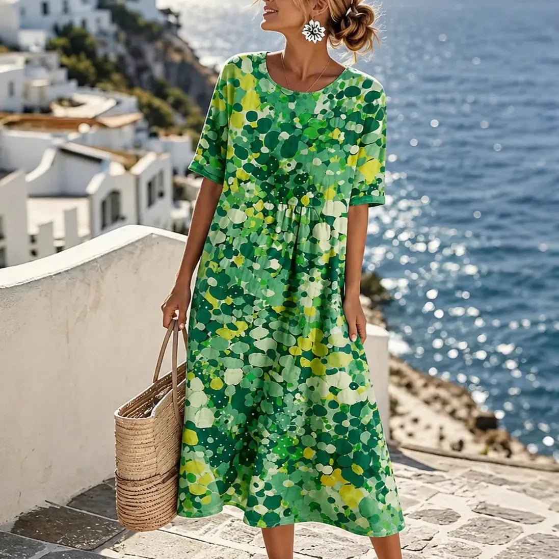 Losse midi-jurk dames met bloemenprint in Groene bloemen