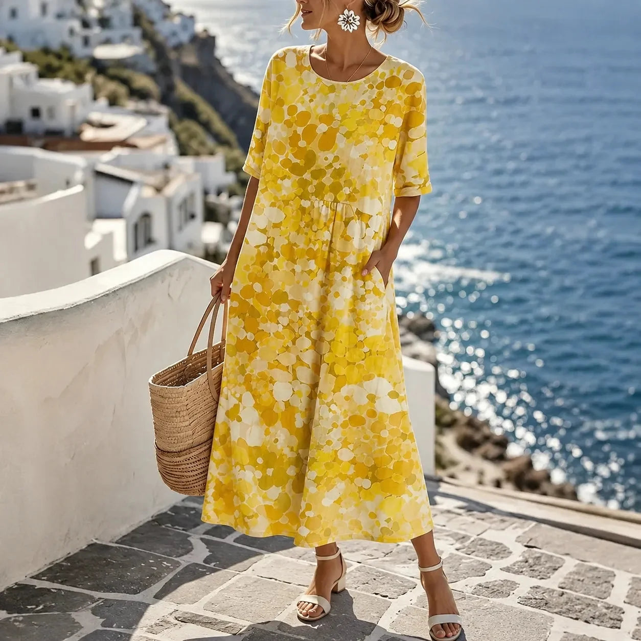 Losse midi-jurk dames met bloemenprint in Gele bloemen