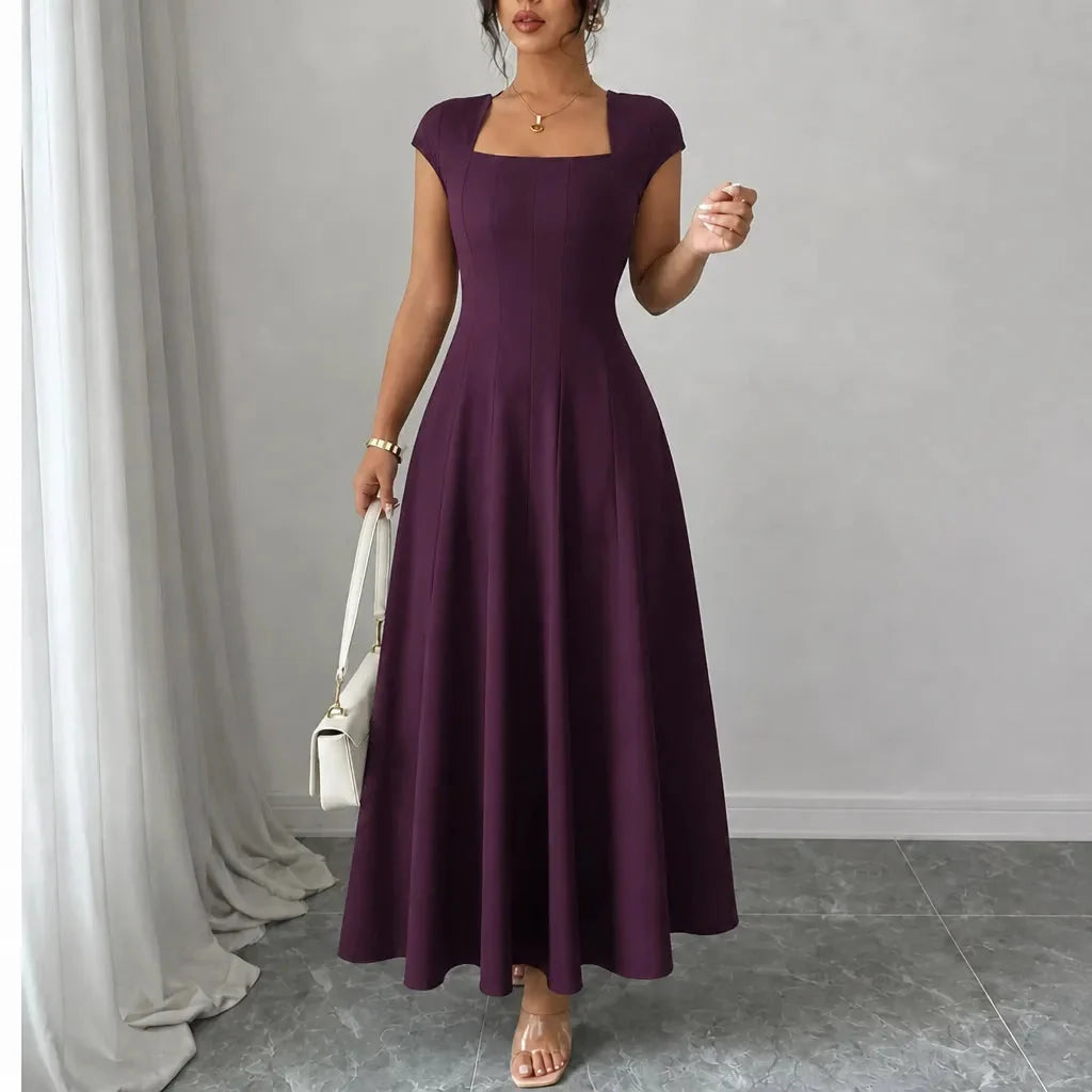Midi-jurk dames met vierkante hals in Bordeaux