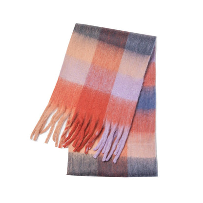 Dikke damessjaal met veelkleurige ruit en dikke franjes - terracotta/lila