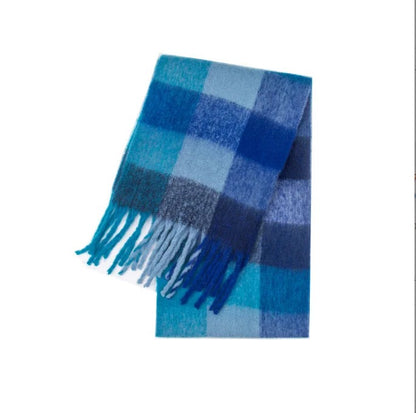 Dikke damessjaal met veelkleurige ruit en dikke franjes - blauw