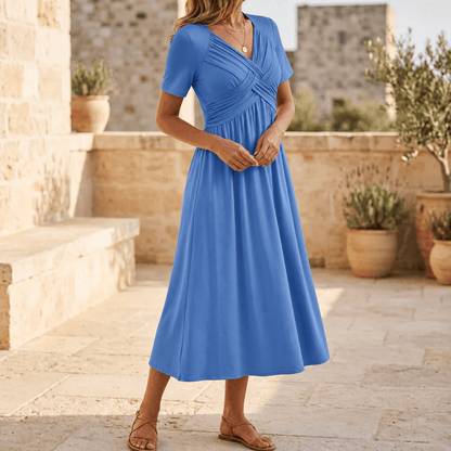 Midi-jurk dames met gekruiste V-hals in Poederblauw