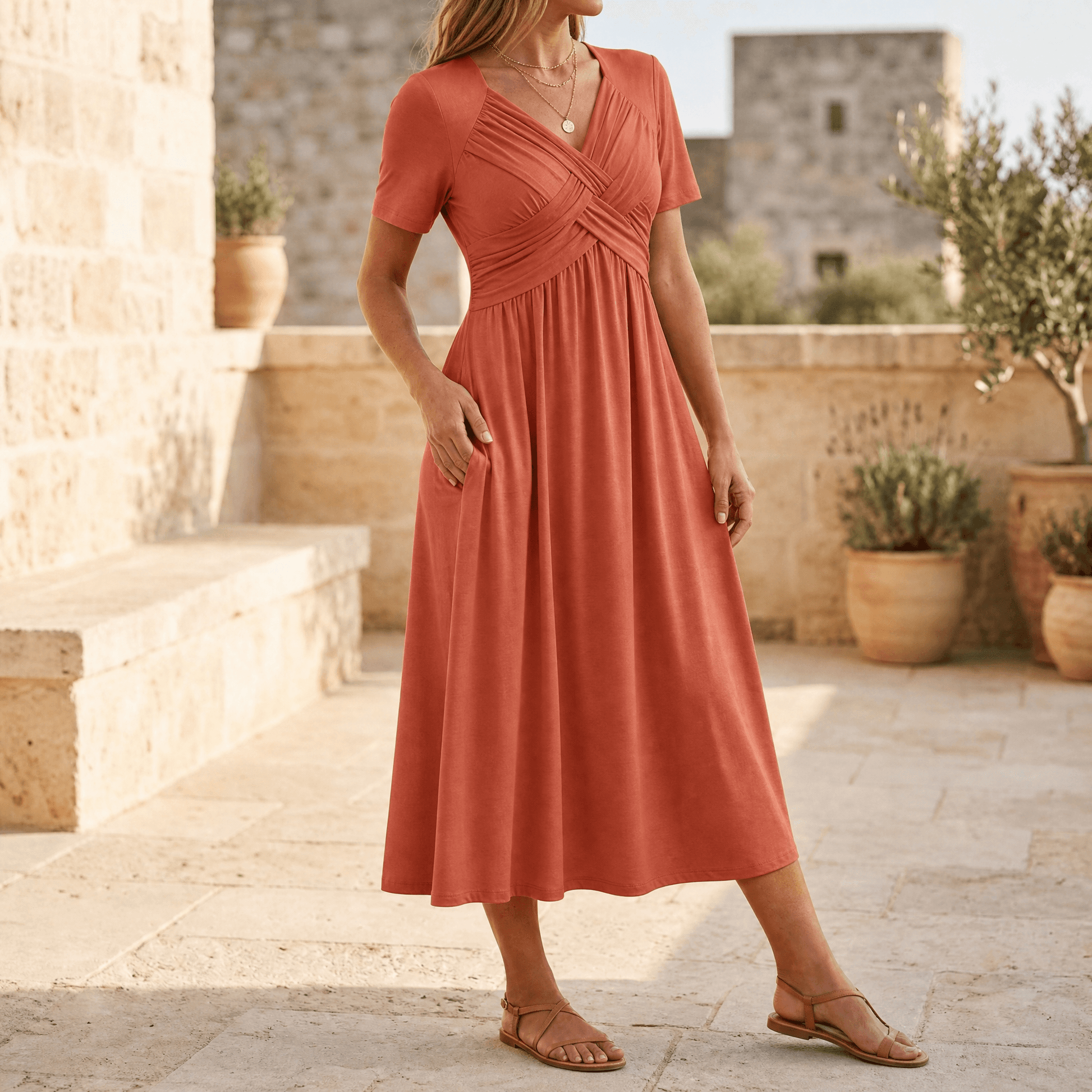 Midi-jurk dames met gekruiste V-hals in Terracotta