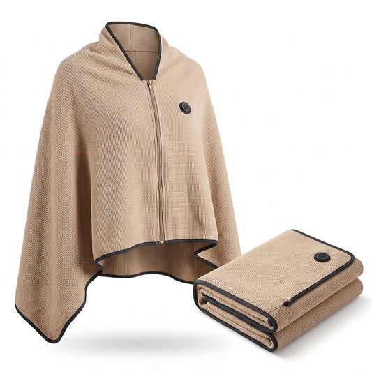 Verwarmde omslagdeken als cape met USB en drie warmtestanden - beige