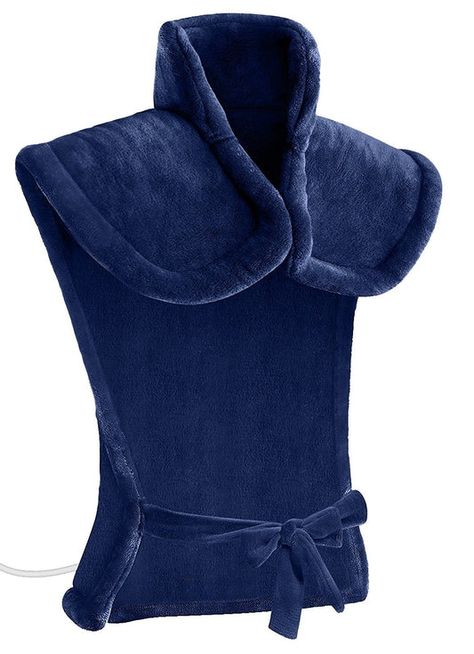 Verzwaard warmtekussen voor nek, schouders en rug met kraag en strik - donkerblauw