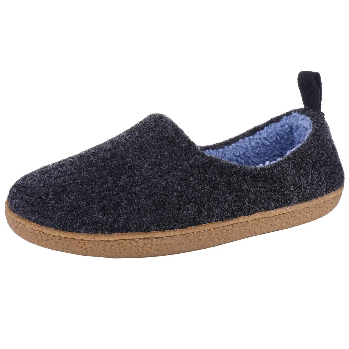 Vilten pantoffels met teddy voering in contrastkleur, lus aan de hiel en rubberen zool - donkergrijs