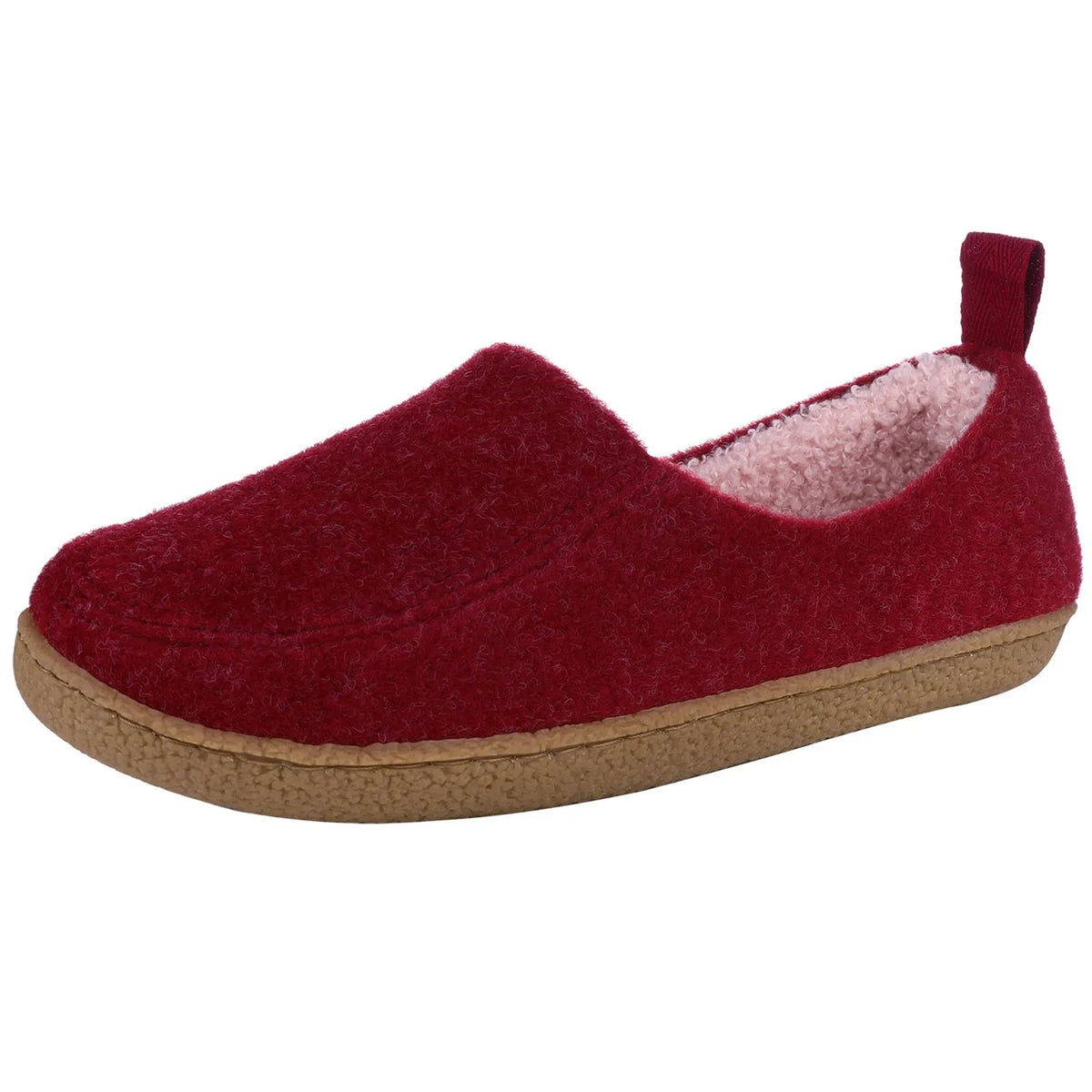 Vilten pantoffels met teddy voering in contrastkleur, lus aan de hiel en rubberen zool - bordeaux
