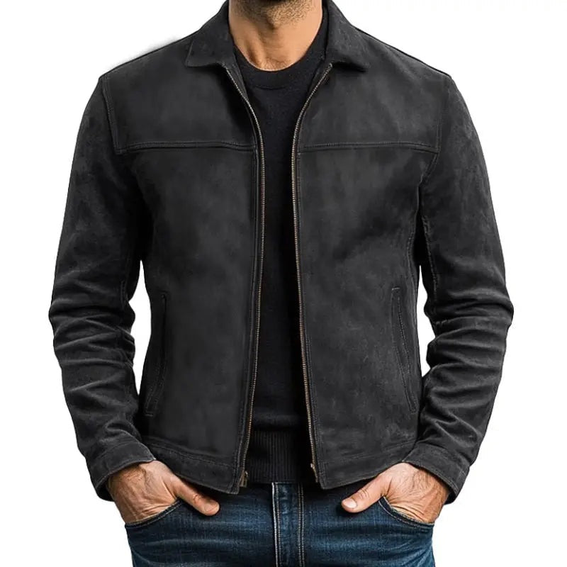 Vintage herenjack in suède look met overhemdkraag en doorlopende rits - zwart