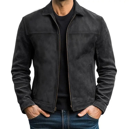 Vintage herenjack in suède look met overhemdkraag en doorlopende rits - zwart