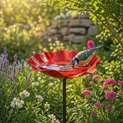 Rood vogelbad in bloemvorm met golvende rand op een metalen steel tussen bloeiende tuinplanten