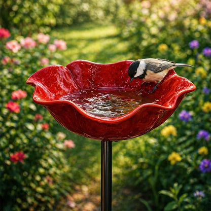 Rood vogelbad in bloemvorm met golvende rand op een metalen steel tussen bloeiende tuinplanten