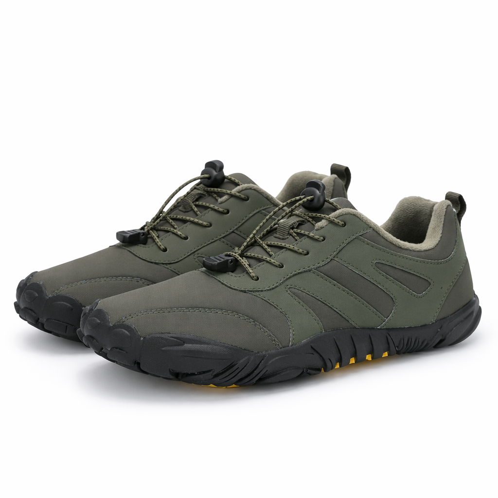Unisex lage barefoot winterschoenen met koordsluiting en brede neus - olijfgroen