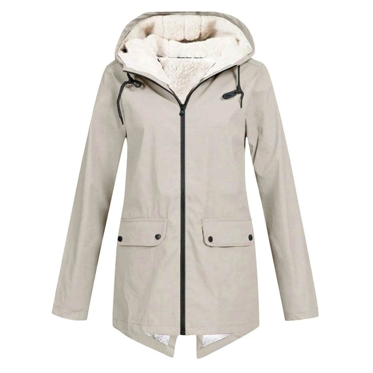 Waterafstotende damesjas met capuchon, sherpavoering en klepzakken - beige