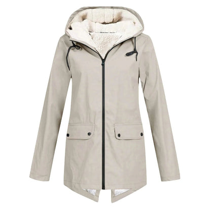 Waterafstotende damesjas met capuchon, sherpavoering en klepzakken - beige