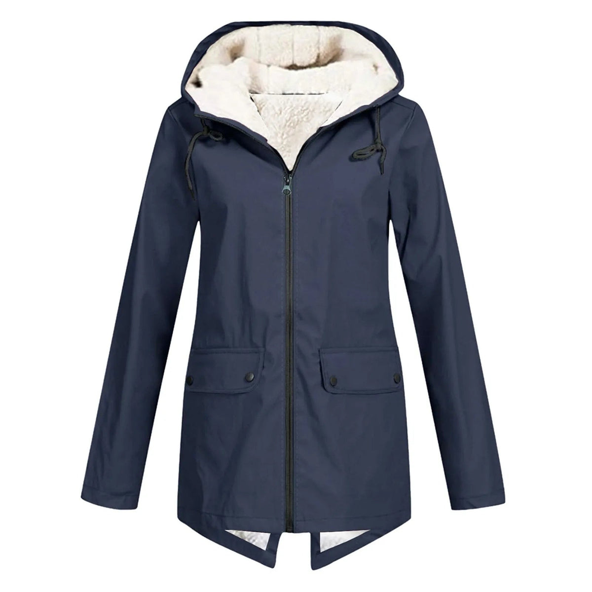 Waterafstotende damesjas met capuchon, sherpavoering en klepzakken - marineblauw