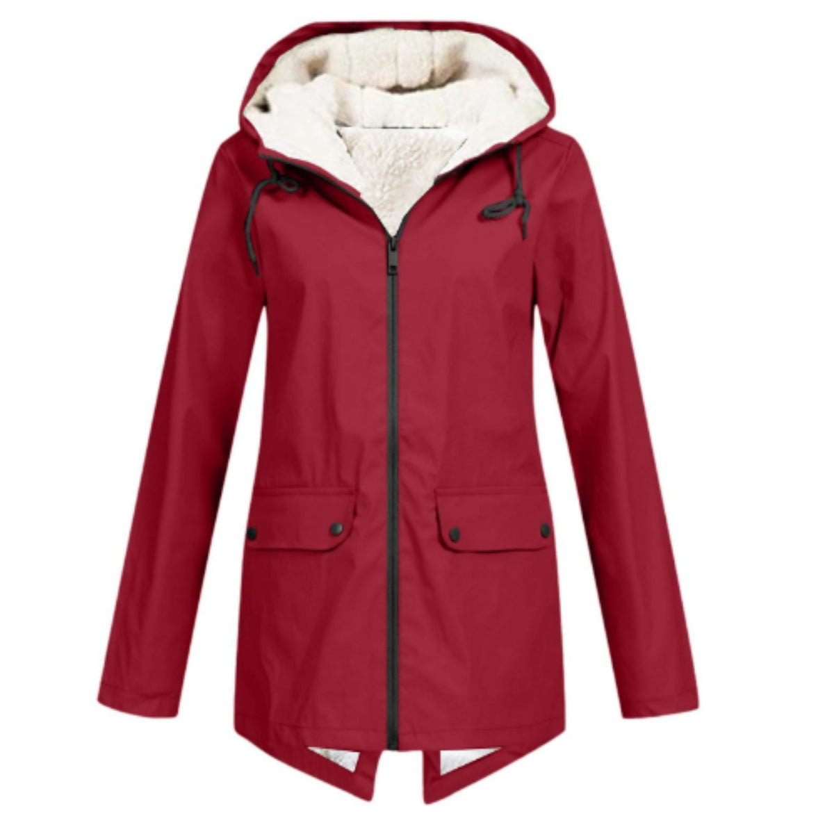 Waterafstotende damesjas met capuchon, sherpavoering en klepzakken - rood
