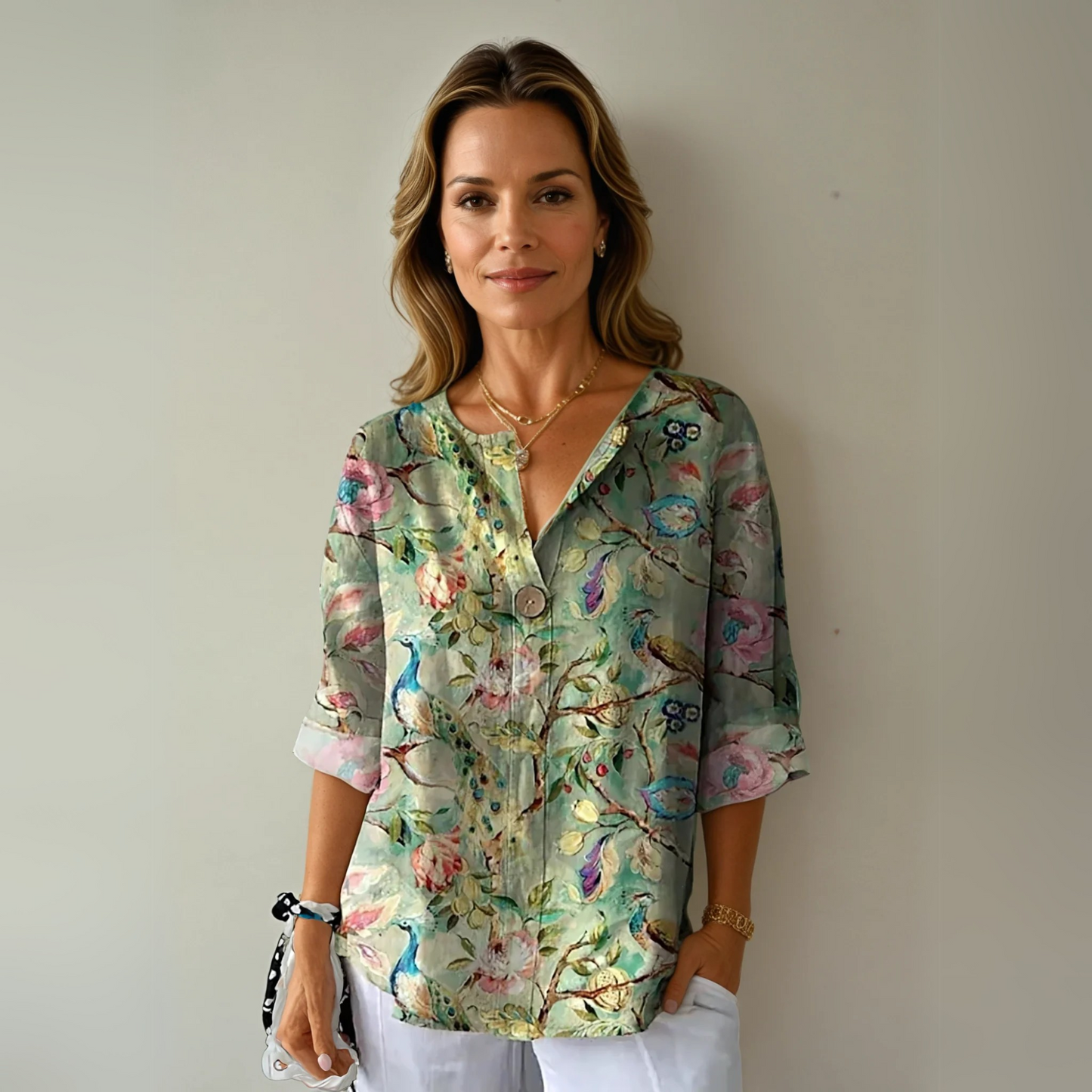 Chique bloemen blouse dames groen-roze - veelzijdig te combineren met broek