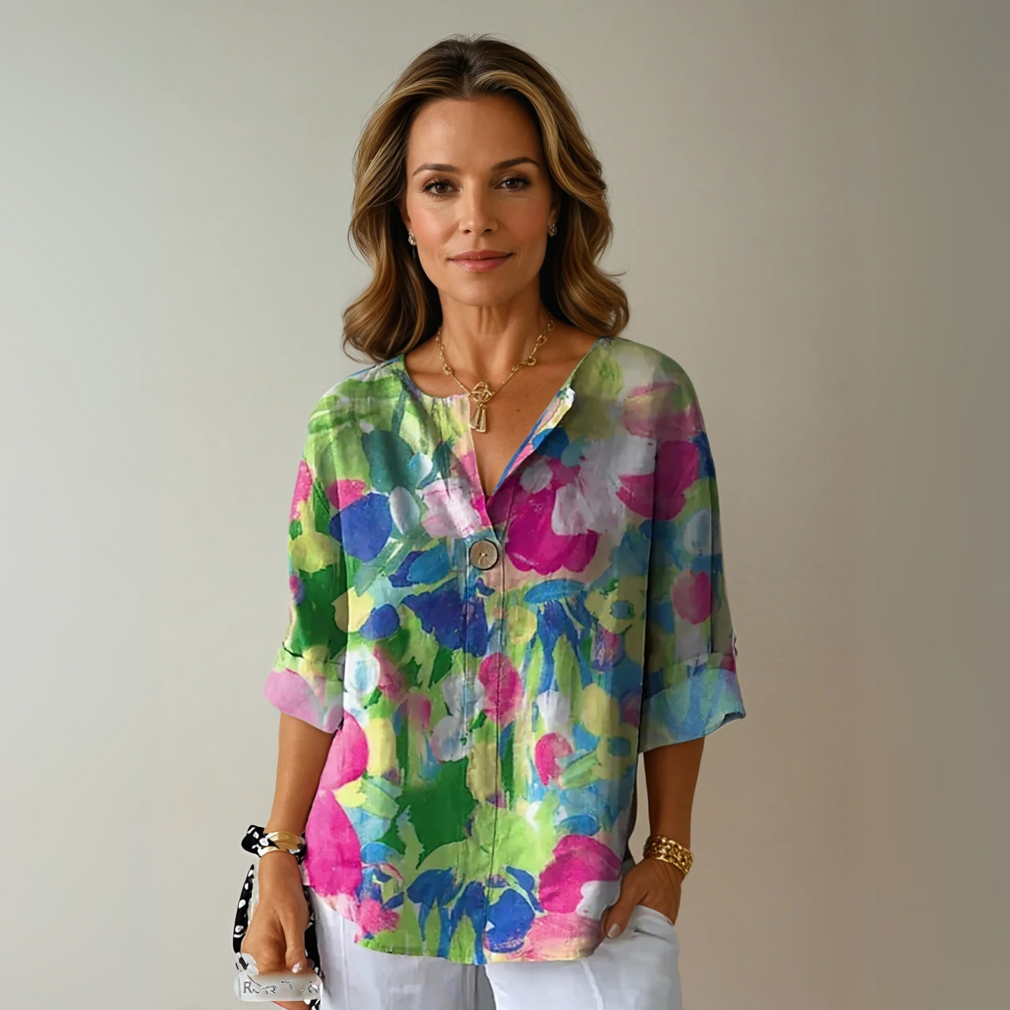 Gebloemde blouse vrouwen blauw-roze - loshangende vrouwelijke damesblouse