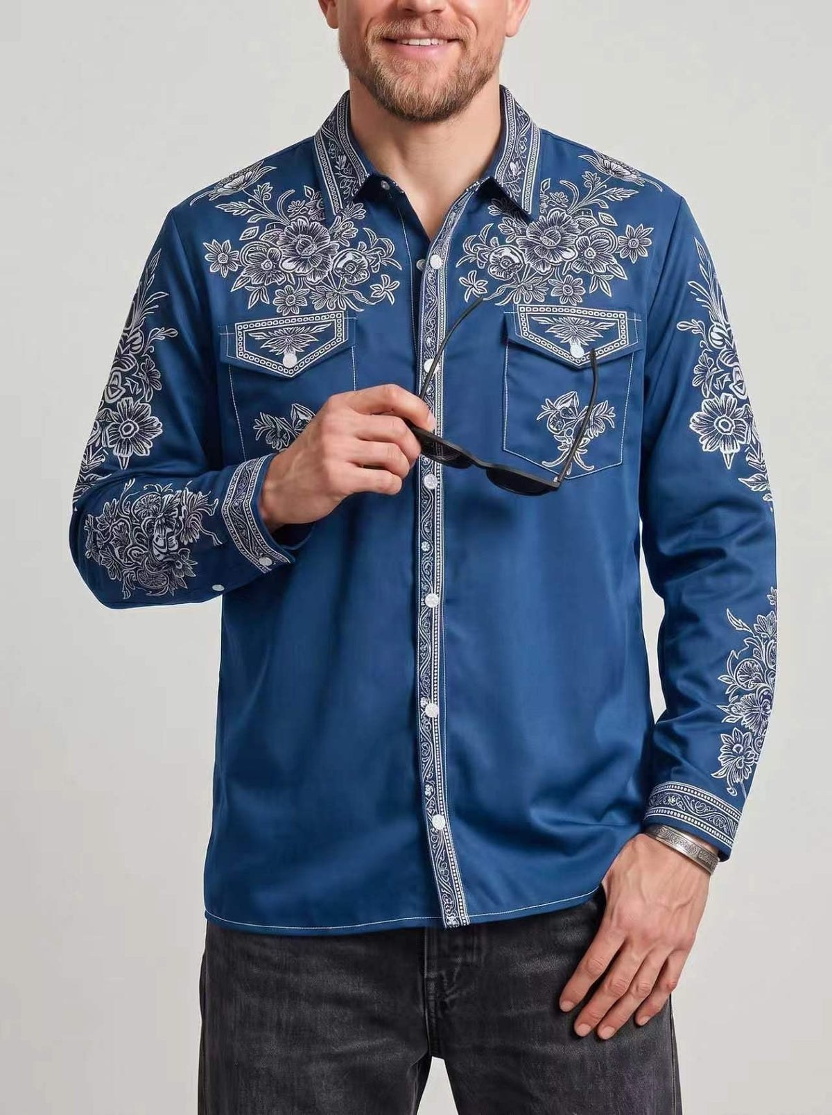 Westernoverhemd voor heren met bloemenprint en borstzakken met klep - blauw