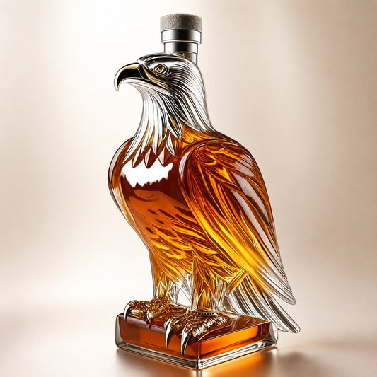 Glazen whiskykaraf in de vorm van een adelaar op een glazen voet