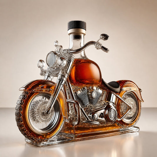 Glazen whiskykaraf in de vorm van een motor met zilverkleurig stuur