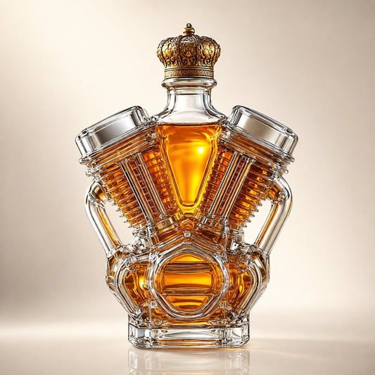 Glazen whiskykaraf in de vorm van een V-motorblok met kroondop