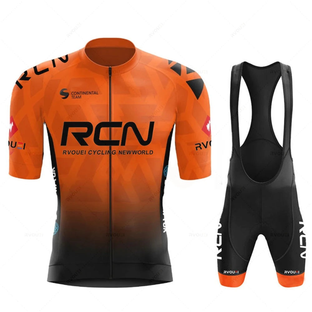 Wielerset voor heren met wielershirt met korte mouw en fietsbroek met zeem - oranje - met bretels