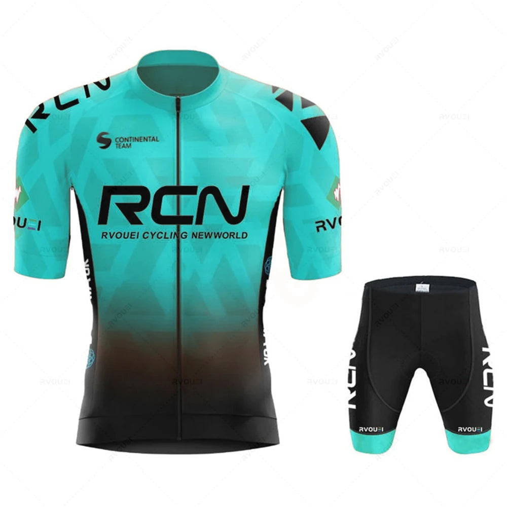 Wielerset voor heren met wielershirt met korte mouw en fietsbroek met zeem - turquoise - zonder bretels