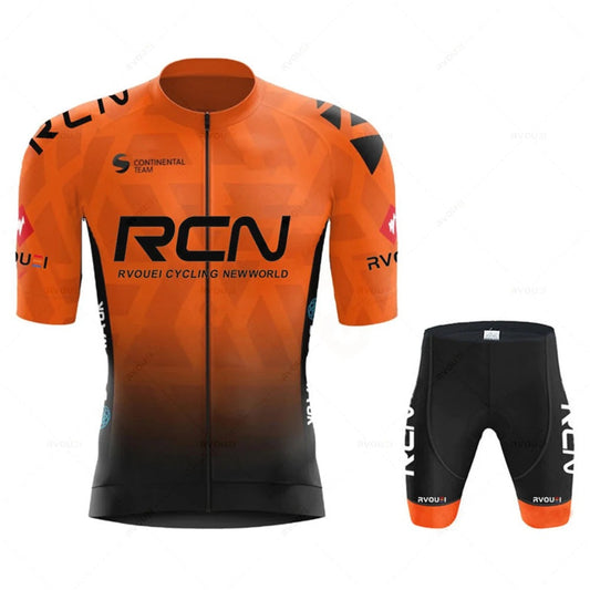 Wielerset voor heren met wielershirt met korte mouw en fietsbroek met zeem - oranje - zonder bretels