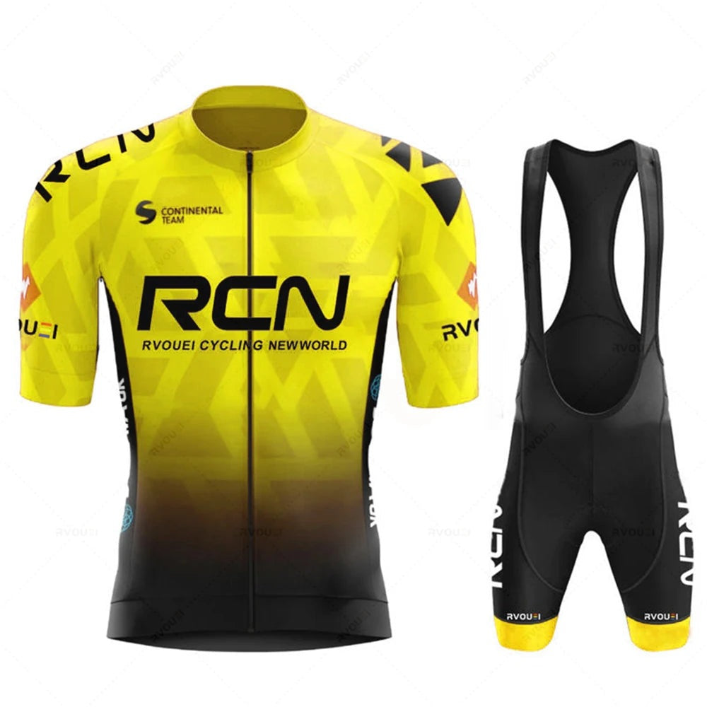 Wielerset voor heren met wielershirt met korte mouw en fietsbroek met zeem - geel - met bretels